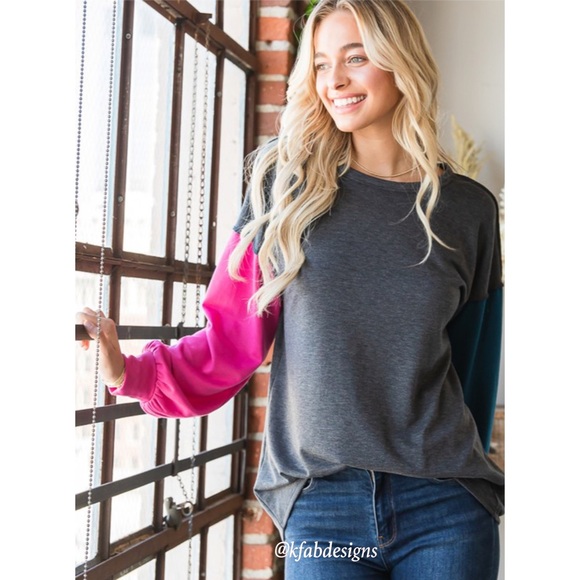 LAST 1! Puff Sleeve Fun, Vibrant Color Block Casual Top! - Picture 3 of 10